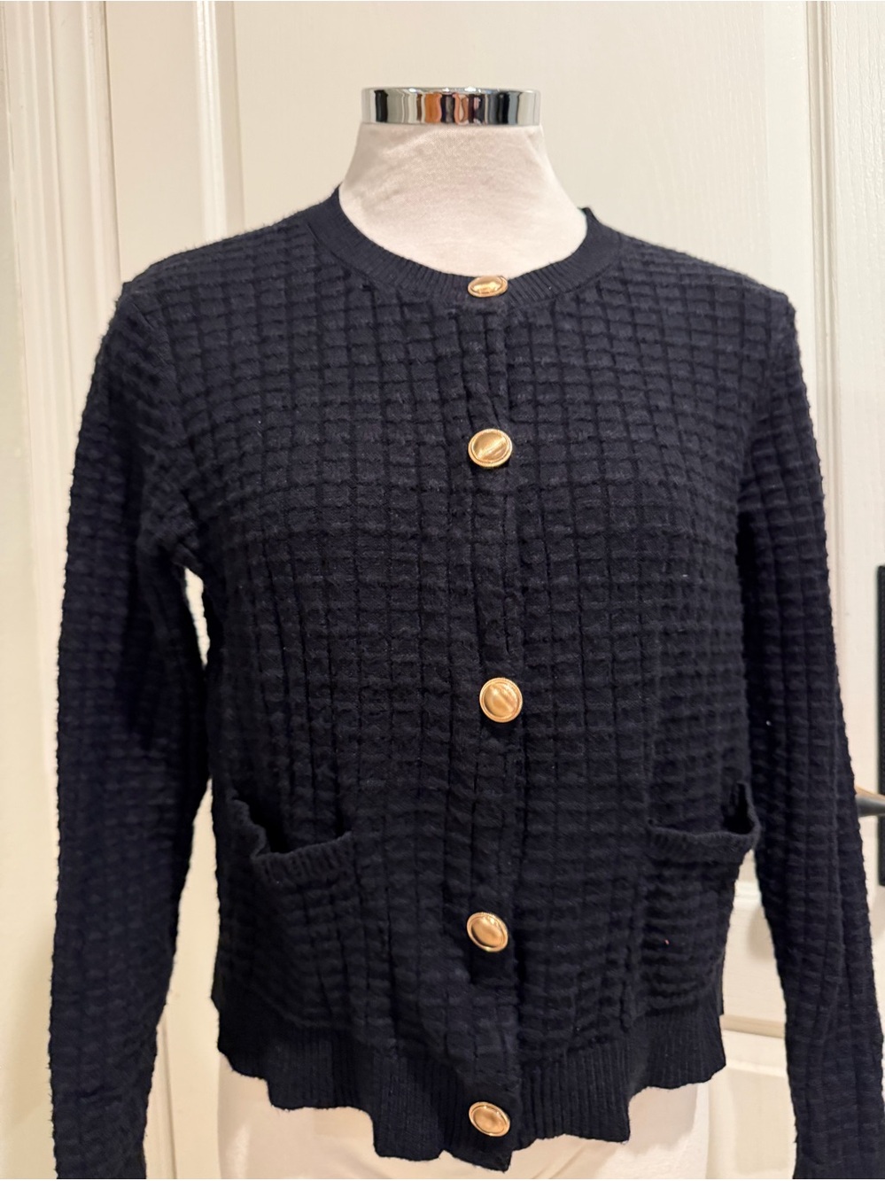 Black Textured Knit Cardigan with Gold Buttons